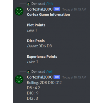 Screen shot of the CortexPal2000 Discord bot.